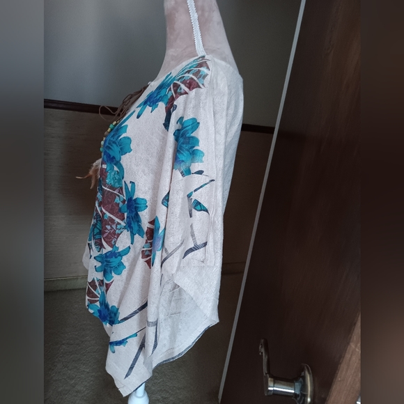 Unbranded~Blue & Brown Floral Butterfly Top Bat Wing Sleeves Feather Beaded Tie - Picture 4 of 15